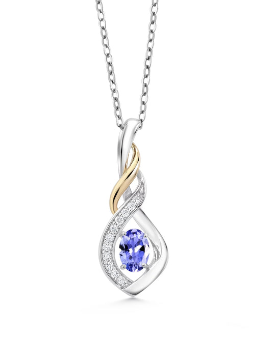 2 Tone 10K Yellow Gold and 925 Sterling Silver Blue Tanzanite and White Lab Grown Diamond Pendant Necklace for Women (0.53 Cttw, Gemstone Birthstone, with 18 Inch Silver Chain)
