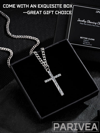 925 Sterling Silver Cross Necklace Men - Oxidized Hammered Cross Pendant with Stainless Steel Cuban Link Curb Chain Vintage Unique Crucifix Necklaces Silver Jewelry for Mens Women 16-30 Inches