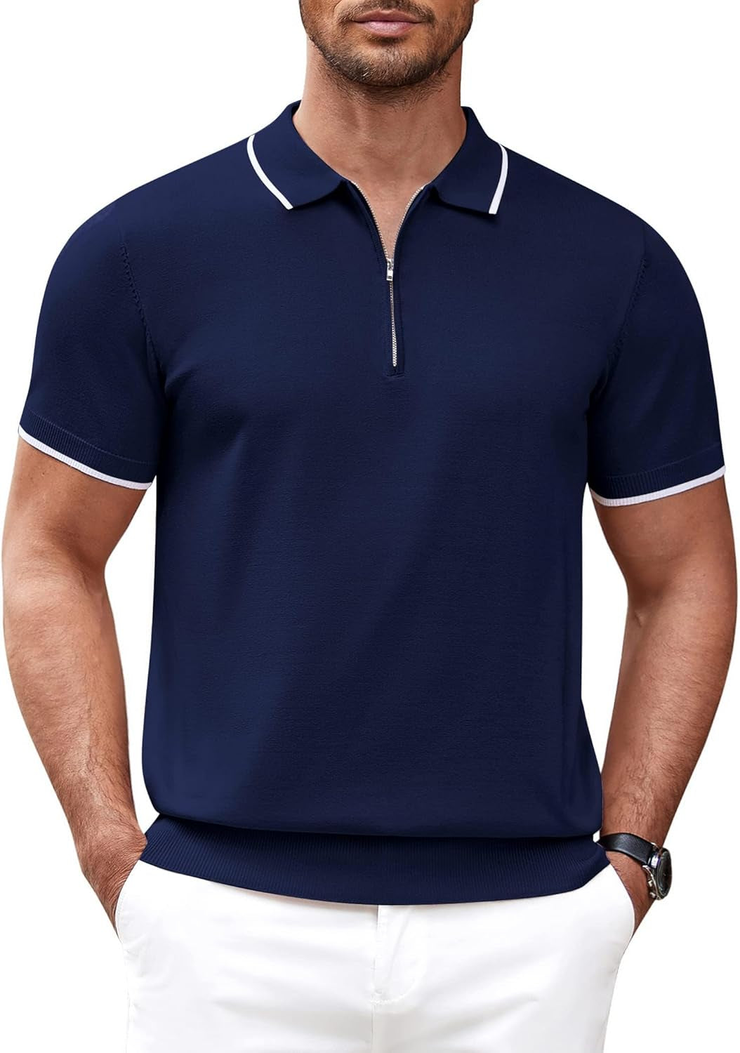 Men'S Zipper Polo Shirt Casual Knit Short Sleeve Polo T Shirt Classic Fit Shirts