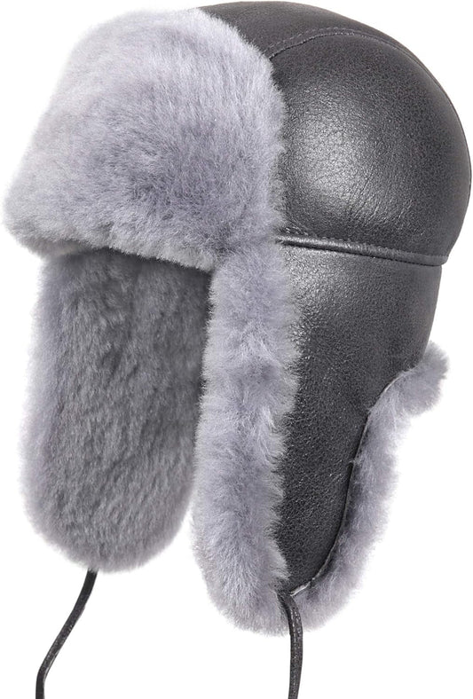Leather Aviator Shearling Ushanka Trapper Hat Russian Sheepskin Cap Real Fur Winter Hat with Ear Flaps for Men Women - WORLD TIME VISITS