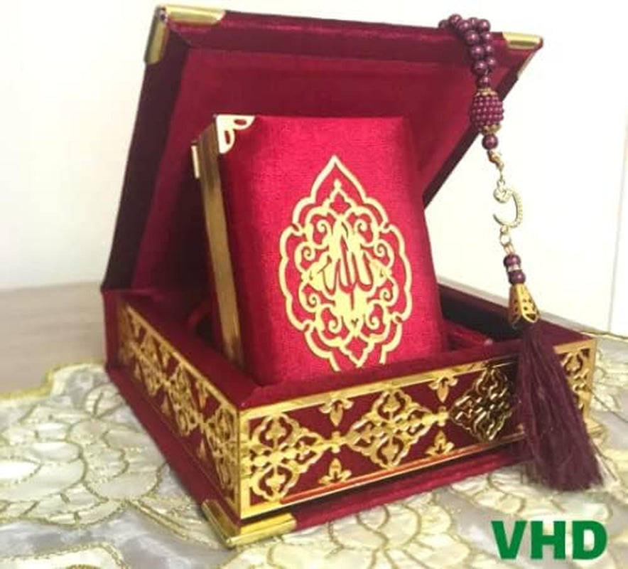 Velvet Covered Quran Tasbeeh Islamic Gift Set, Holy Quran Prayer Beads Wooden Gift Box, Islamic Birthday, Wedding, Graduation, Eid, Ramadan Gift Favor (Claret Red)