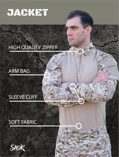 Military Uniform, Camo Long Sleeve Shirt Men & G3 Combat Pants with Knee Pads, Fishing, Hunting, Paintball, Airsoft Clothes
