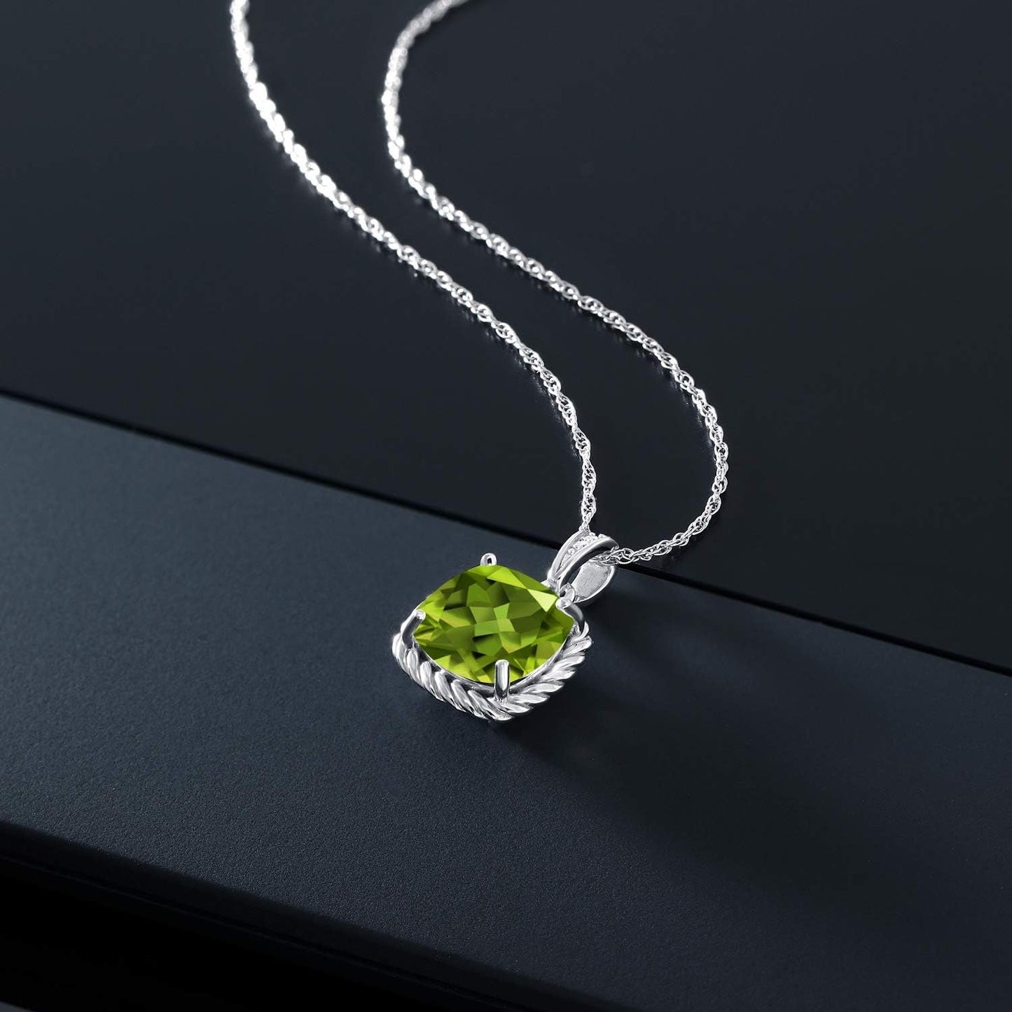 10K White Gold Cushion 8MM Gemstone Birthstone and White Diamond Pendant Necklace | Gold Necklace for Women | with 18 Inch Silver Chain