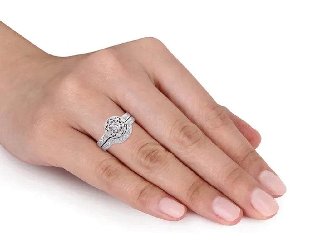 1/3 Carat (ctw) Lab-Created White Sapphire Bridal Engagement Ring and Wedding Band Set with Diamonds in Sterling Silver