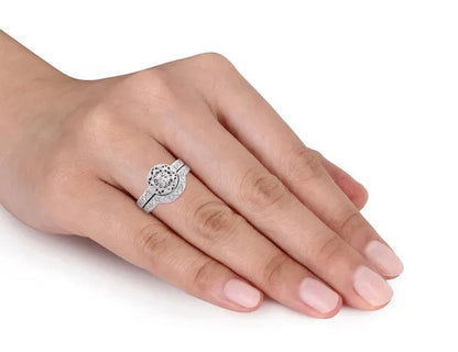 1/3 Carat (ctw) Lab-Created White Sapphire Bridal Engagement Ring and Wedding Band Set with Diamonds in Sterling Silver