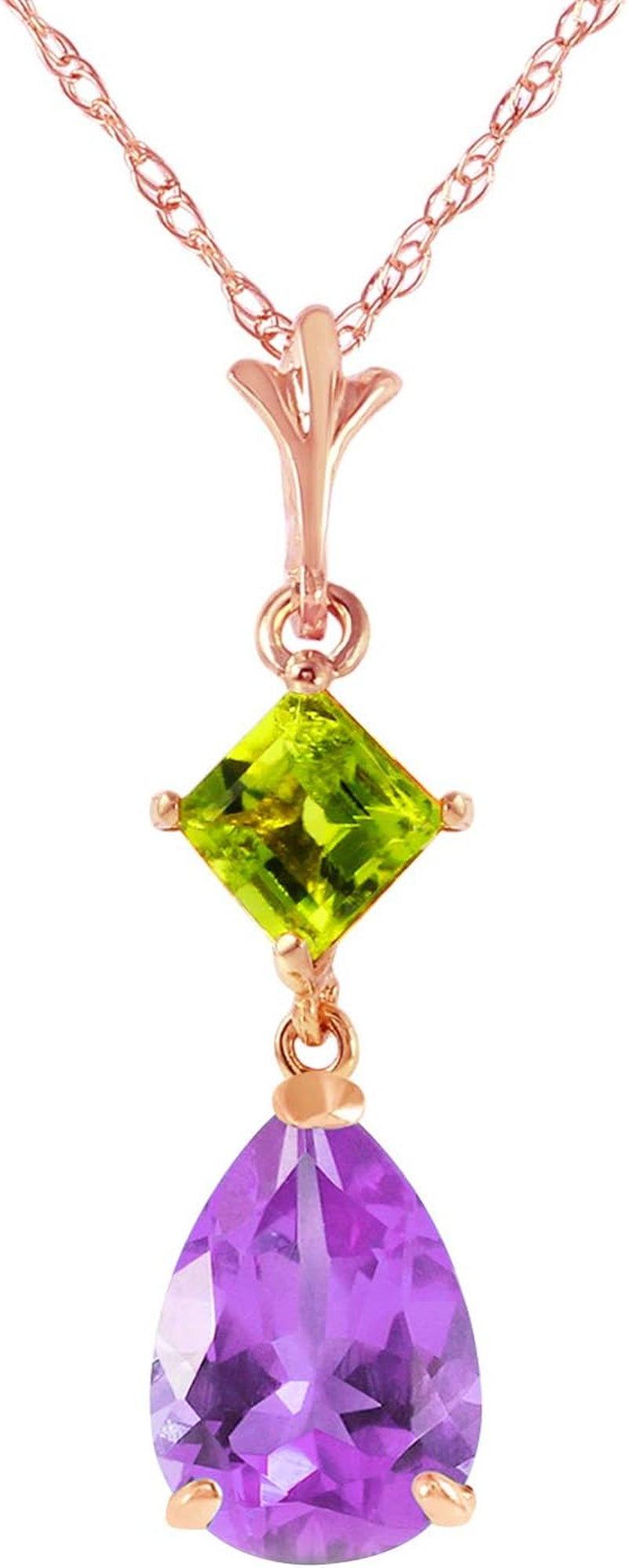 2 Carat 14K Solid Rose Gold Necklace with Natural Amethyst and Natural Peridot Drop Pendant