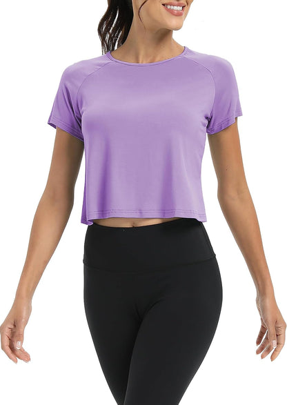 Women Short Sleeve Cross Back Workout Crop Tops Backless Yoga Athletic Gym Shirts - WORLD TIME VISITS