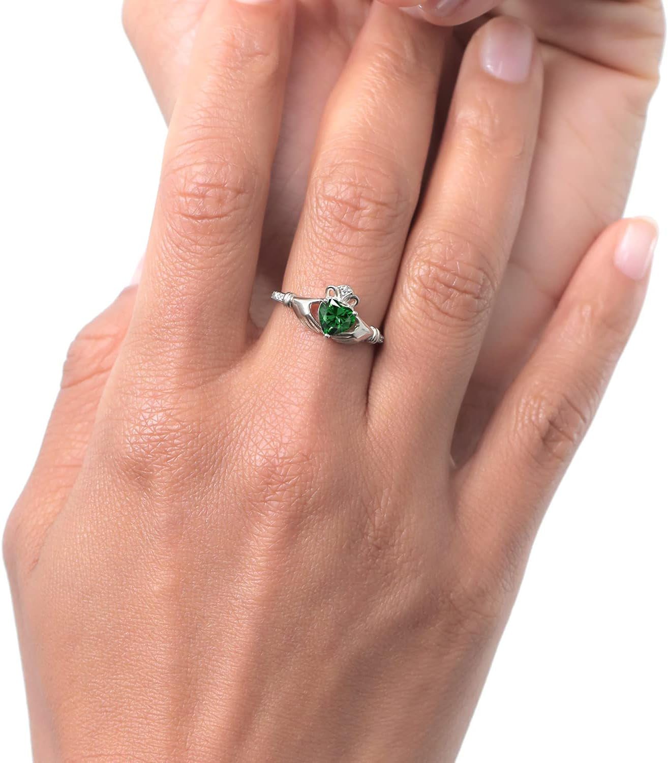 10K White Gold Green Simulated Emerald and White Diamond Irish Celtic Claddagh Ring (0.76 Cttw, Heart Shape 6MM, Available in Size 5, 6, 7, 8, 9)