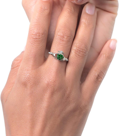 10K White Gold Green Simulated Emerald and White Diamond Irish Celtic Claddagh Ring (0.76 Cttw, Heart Shape 6MM, Available in Size 5, 6, 7, 8, 9)