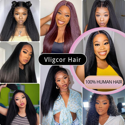 Kinky Straight Human Hair 3 Bundles with 4X4 Lace Closure Free Part 100% Unprocessed Brazilian Remy Yaki Straight Human Hair Extensions with Closure,Natural Black (12 12 12+10Closure)