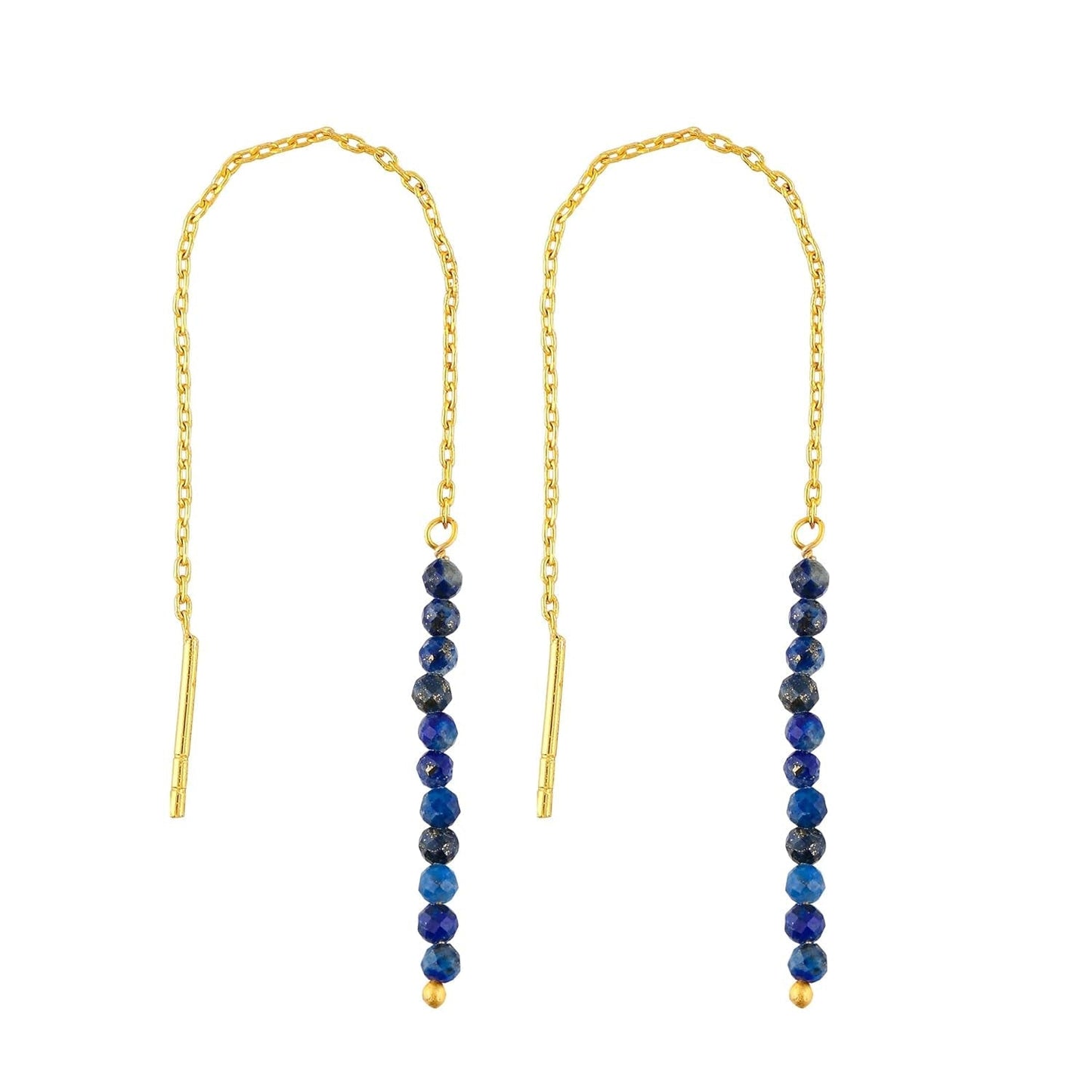 Natural Lapis Lazuli Earrings, Dainty Threader Pair, Gemstone Beads, Birthstone Crystal, Gift for Women, Chakra Energy Healing Jewelry in Gold Plated, Valentine Day Gift (Lapis Lazuli)