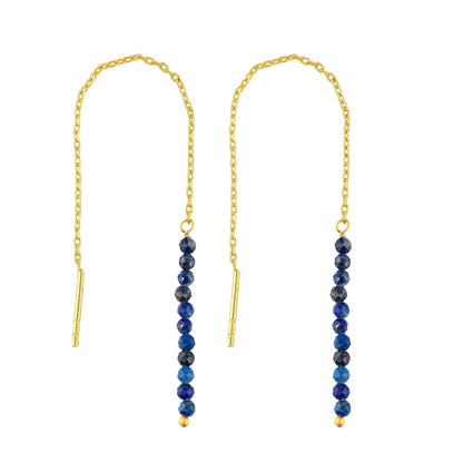 Natural Lapis Lazuli Earrings, Dainty Threader Pair, Gemstone Beads, Birthstone Crystal, Gift for Women, Chakra Energy Healing Jewelry in Gold Plated, Valentine Day Gift (Lapis Lazuli)