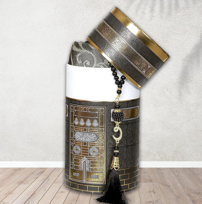 Muslim Prayer Rug Islam and Beads, Kaabe Design Box Eid Ramadan Gifts Islamic Set Carnal Salah Mat Taffeta Fabric Black Soft Prayer Mats Men and Women (Black)
