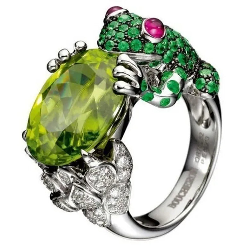 The Frog Ring 925 Sterling Silver Ring Oval Cut 6.34CT Peridot Rich Frog Wealth Ruby Eye Tsavorite Rings Wedding Ring for Women Fashion - WORLD TIME VISITS