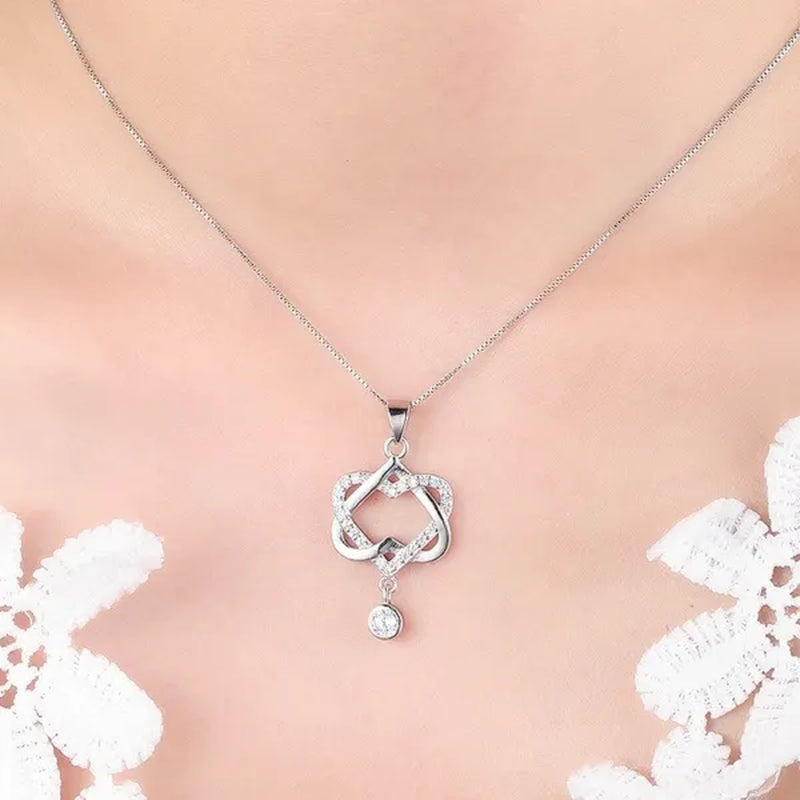 New Fashion 925 Silver  Women Double Heart Diamond Pendant Chain Necklace Jewelry Gifts for Love(Pendant and Chain)