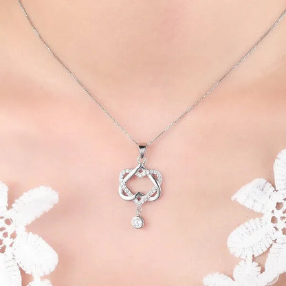 New Fashion 925 Silver  Women Double Heart Diamond Pendant Chain Necklace Jewelry Gifts for Love(Pendant and Chain)