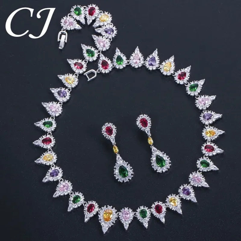 CANDICE White Gold Plating Sparkling Cubic Zirconia Choker Necklace Sets With Dangle Earrings Inlay Crystal Citrine Yellow Stone Evening Party Jewelry Set for Women