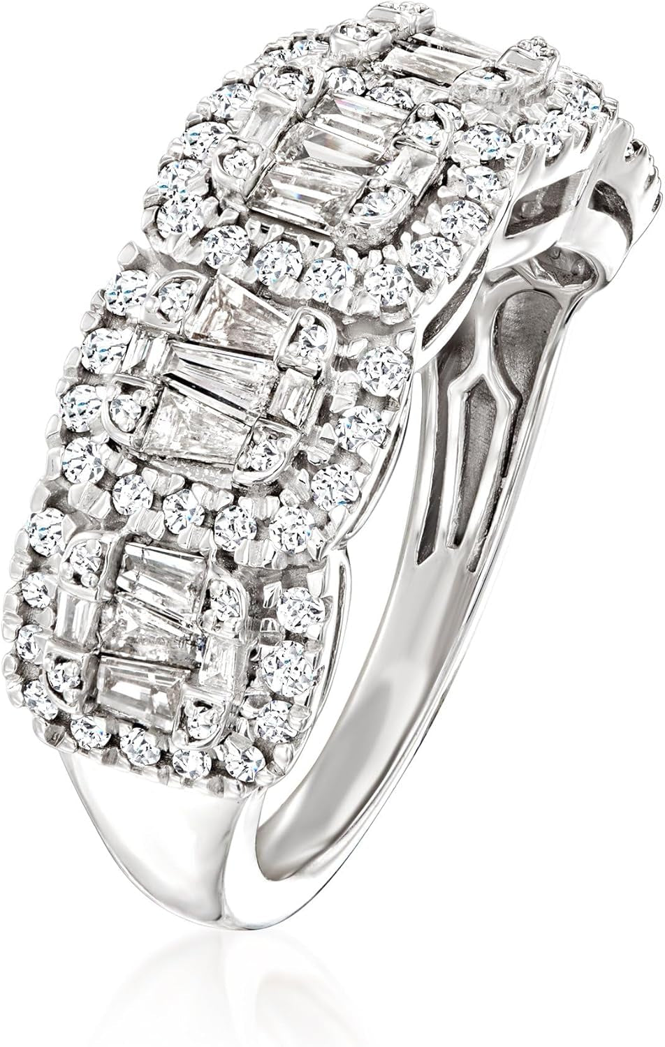 1.00 Ct. T.W. round and Baguette Diamond Ring in Sterling Silver. Size 8