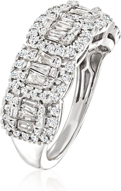 1.00 Ct. T.W. round and Baguette Diamond Ring in Sterling Silver. Size 8
