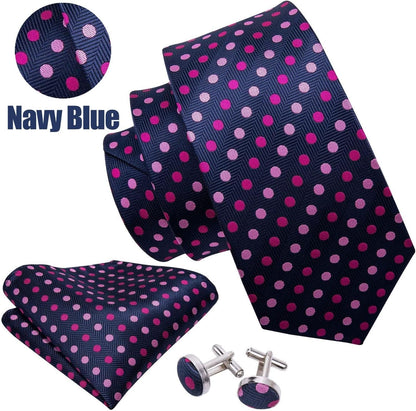 Men'S Tie Set Polka Dot Handkerchief Cufflinks Plaid Fashion Neckties Wedding Business