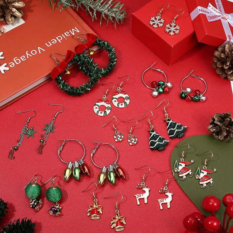 4 Pairs Christmas Earrings for Women Girls Christmas Bell Light Bulbs Hoop Earrings Christmas Tree JingleBall Snowflake Bow Flower Elk Dangle Earrings Christmas Party Jewelry Set Gift