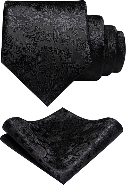 Mens Solid Color Paisley Necktie and Pocket Square with Tie Clip Sets