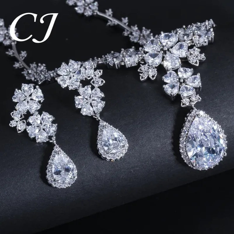 CANDICE High Quality Platinum Plating Wedding Party Costume Luxury CZ Stone Jewelry Flower Pendant Earrings Necklace Bridal Sets With Tear Drop Zirconia