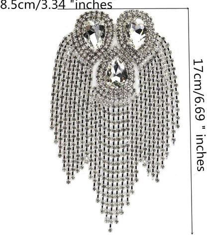 Beaded Diamond Waterdrop Design Patches Crystal Fringe Tassel Rhinestones Shoulder Badges Brooches Women Dress Applique 2Piece