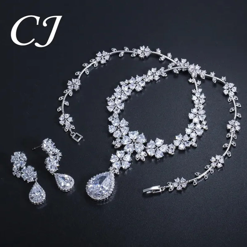 CANDICE High Quality Platinum Plating Wedding Party Costume Luxury CZ Stone Jewelry Flower Pendant Earrings Necklace Bridal Sets With Tear Drop Zirconia