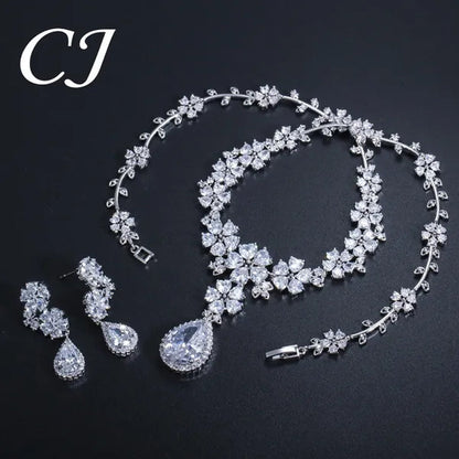 CANDICE High Quality Platinum Plating Wedding Party Costume Luxury CZ Stone Jewelry Flower Pendant Earrings Necklace Bridal Sets With Tear Drop Zirconia