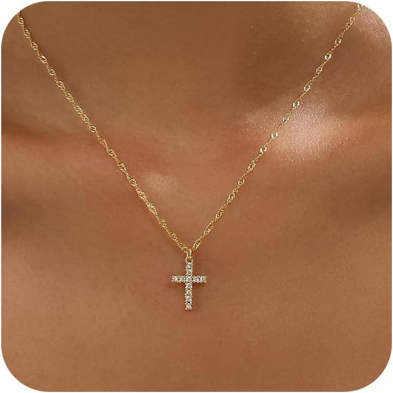 Cross Necklace for Women Trendy - Dainty 14K Gold Plated Minimalist Cross Necklace Simple Small Cross Pendant Necklaces Easter Christian Religious Faith Jewelry Christmas Gifts