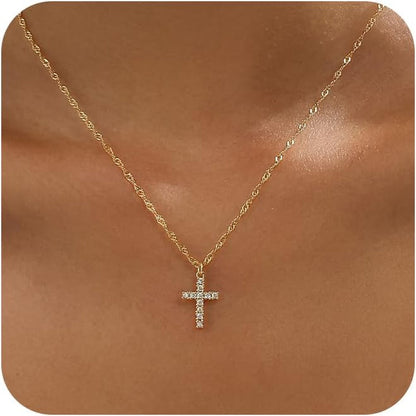 Cross Necklace for Women Trendy - Dainty 14K Gold Plated Minimalist Cross Necklace Simple Small Cross Pendant Necklaces Easter Christian Religious Faith Jewelry Christmas Gifts