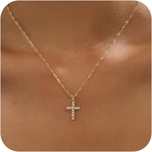 Cross Necklace for Women Trendy - Dainty 14K Gold Plated Minimalist Cross Necklace Simple Small Cross Pendant Necklaces Easter Christian Religious Faith Jewelry Christmas Gifts