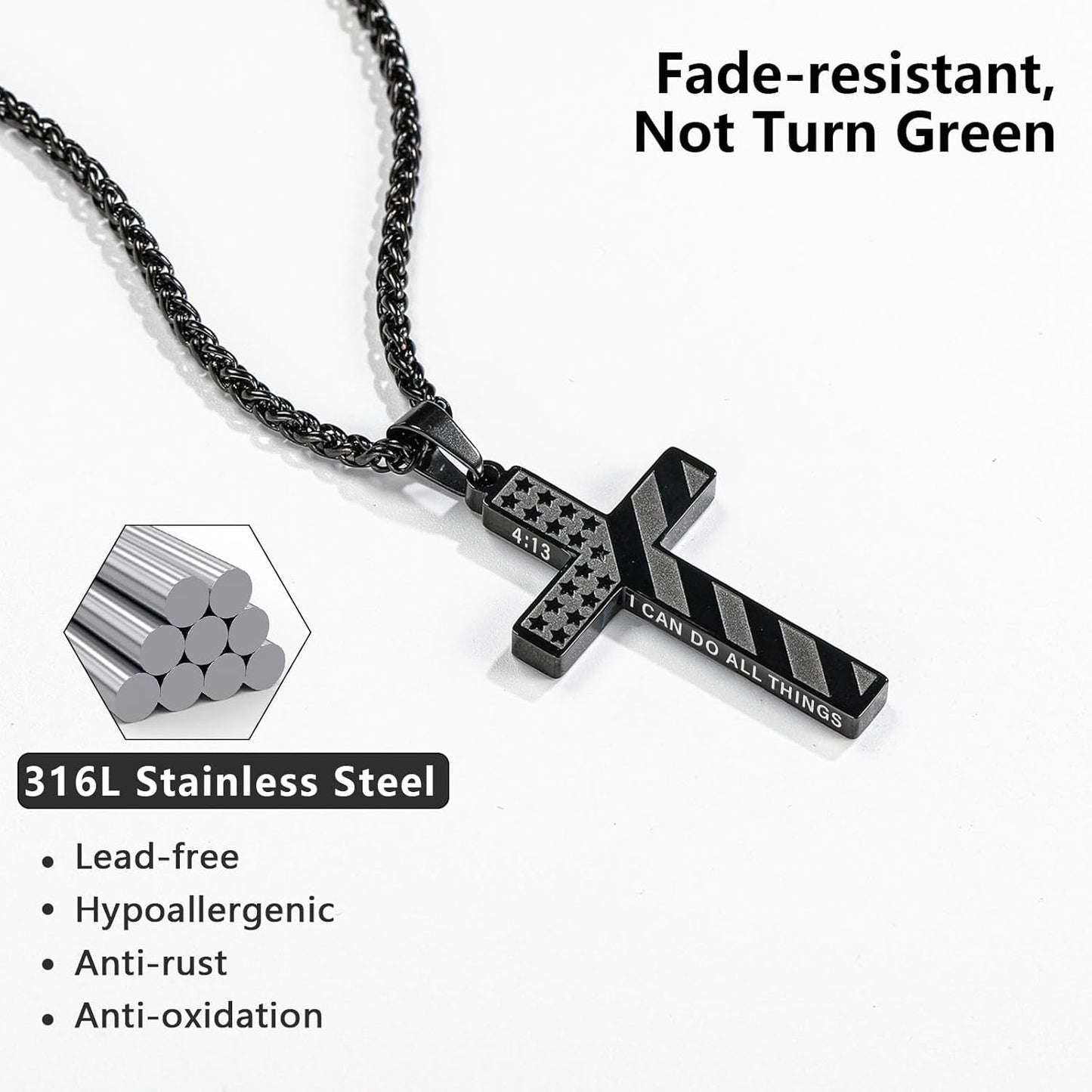 Valentines Day Gifts for Him Cross Necklace for Men Boys, 316L Stainless Steel American Flag Bible Verse Christmas Christian Catholic Baptism Confirmation Gifts 22+2 Inches - WORLD TIME VISITS