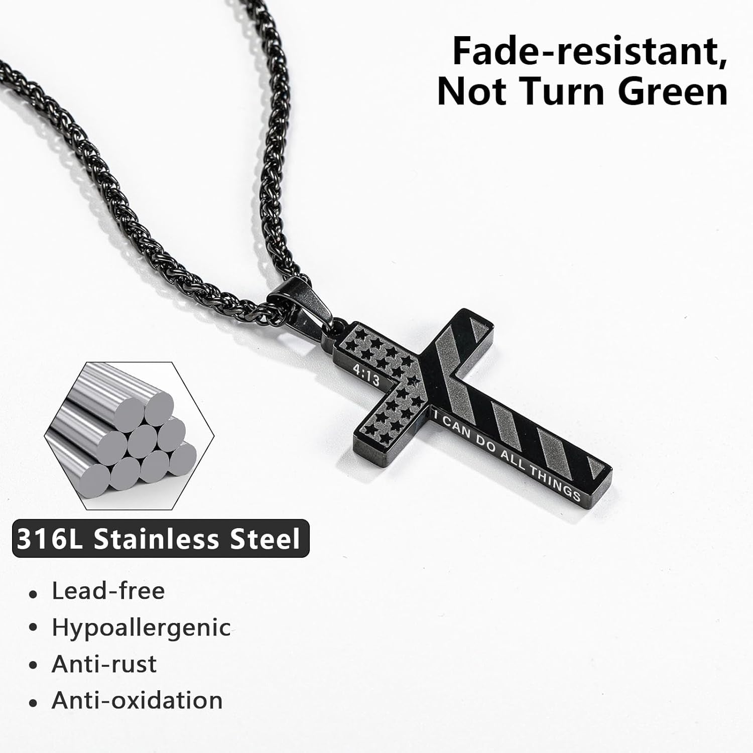 Valentines Day Gifts for Him Cross Necklace for Men Boys, 316L Stainless Steel American Flag Bible Verse Christmas Christian Catholic Baptism Confirmation Gifts 22+2 Inches - WORLD TIME VISITS