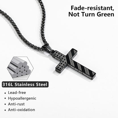 Valentines Day Gifts for Him Cross Necklace for Men Boys, 316L Stainless Steel American Flag Bible Verse Christmas Christian Catholic Baptism Confirmation Gifts 22+2 Inches - WORLD TIME VISITS