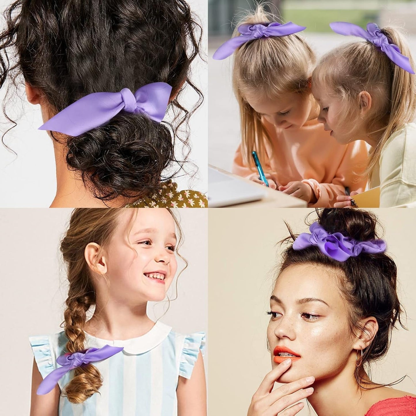 20 Pack Purple Scrunchies for Women - Satin Silk Hair Ties with Bow for Thick Hair, Cute Ponytail Holders and Ribbon Accessories