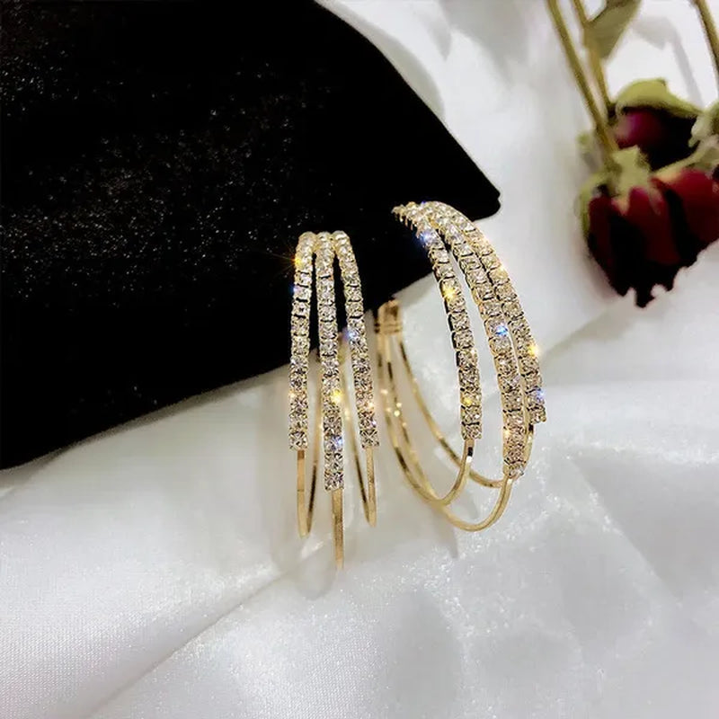 Plated Silver Needle and Diamond Circle Earrings Female Korean Temperament Personality Hoop Earrings Korean Trend Multi-Layer Earrings