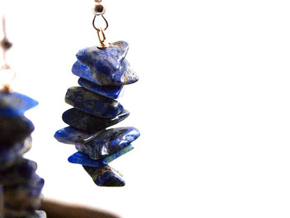 Lapis Lazuli Tumbled Stone Earrings Stacked Small Dangle Raw Crystal Earrings Lightweight Everyday Drop Earrings Blue Stone Dangling Earrings Birthstone Anniversary Gift (Silver + Lapis Lazuli)