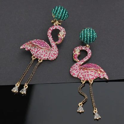 European and American High Quality Pink Diamond Earrings Flamingo Full Set Diamond Earrings Animal Exaggerated Temperament Tassel Lady Earrings Personality Jewelry