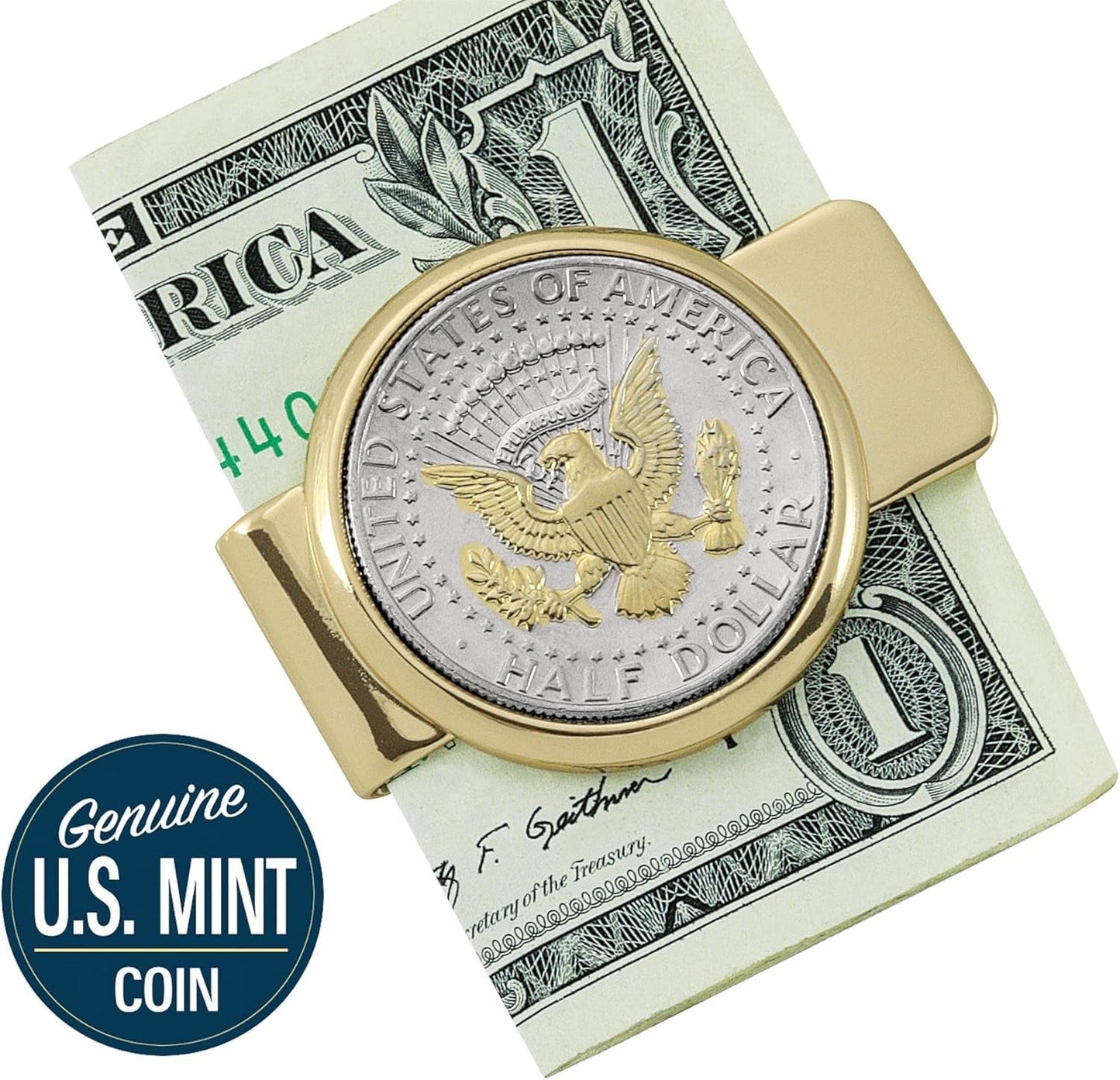 Coin Money Clip - Presidential Seal JFK Half Dollar Selectively Layered in Pure 24K Gold, Brass Moneyclip, Holds Currency, Credit Cards, Cash, U.S. Coin