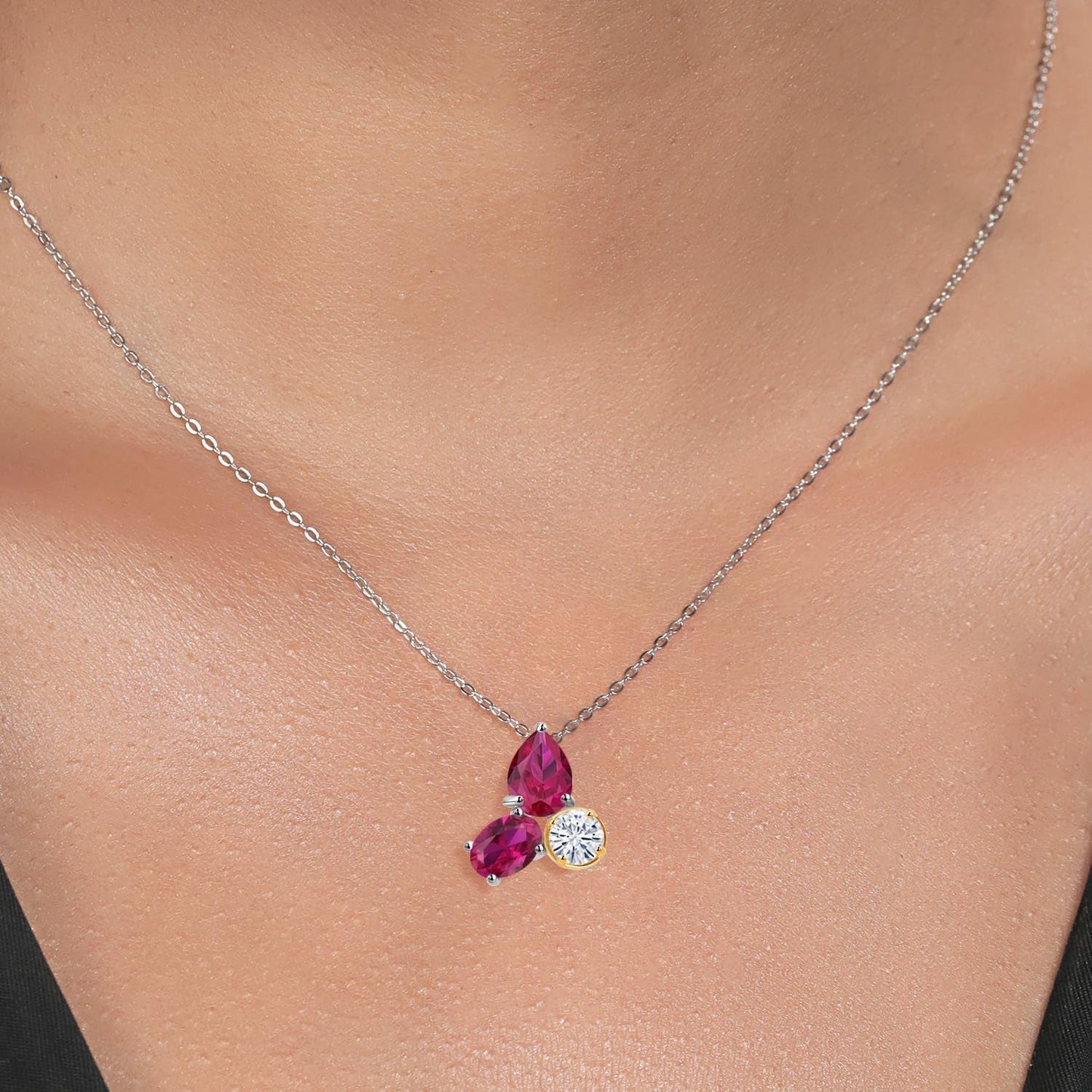 925 Silver and 10K Yellow Gold Created Ruby and Moissanite 3 Stone Pendant Necklace for Women | 2.60 Cttw | Gemstone July Birthstone | Pear Shape 8X6MM | Oval 7X5MM | round 5MM | with 18 Inch Chain