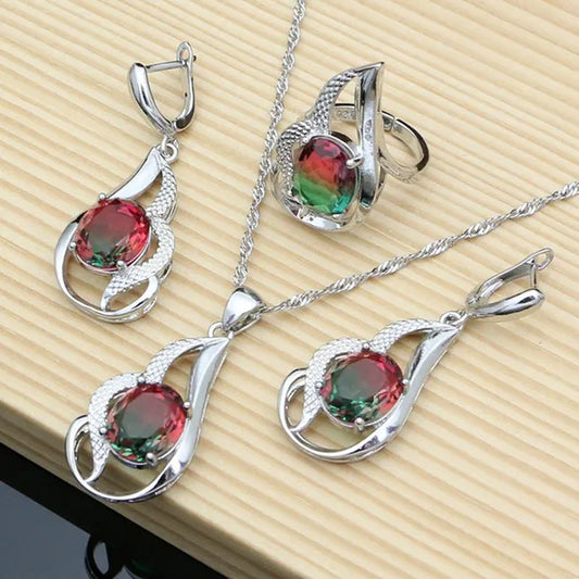925 Silver Jewelry Sets for Women Rainbow Tourmaline Wedding Necklace Earrings Open Ring