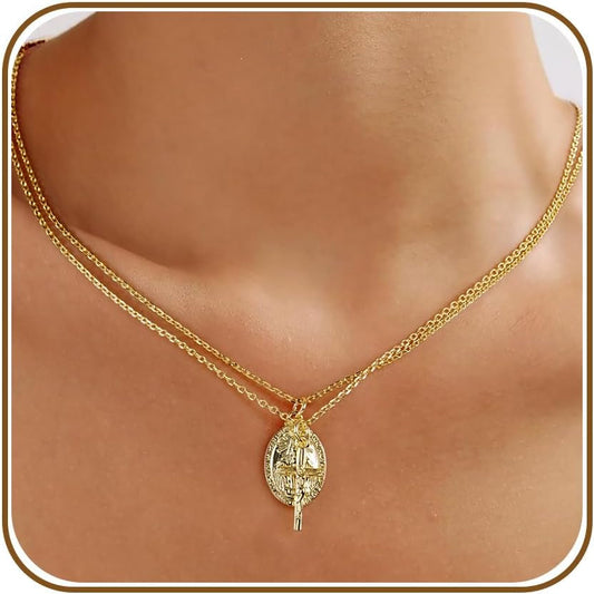 Gold Cross Necklaces for Women, Crucifix Necklaces, Dainty Virgin Mary Necklace, Virgen De Guadalupe, Layered Pendants Chain Non Tarnish