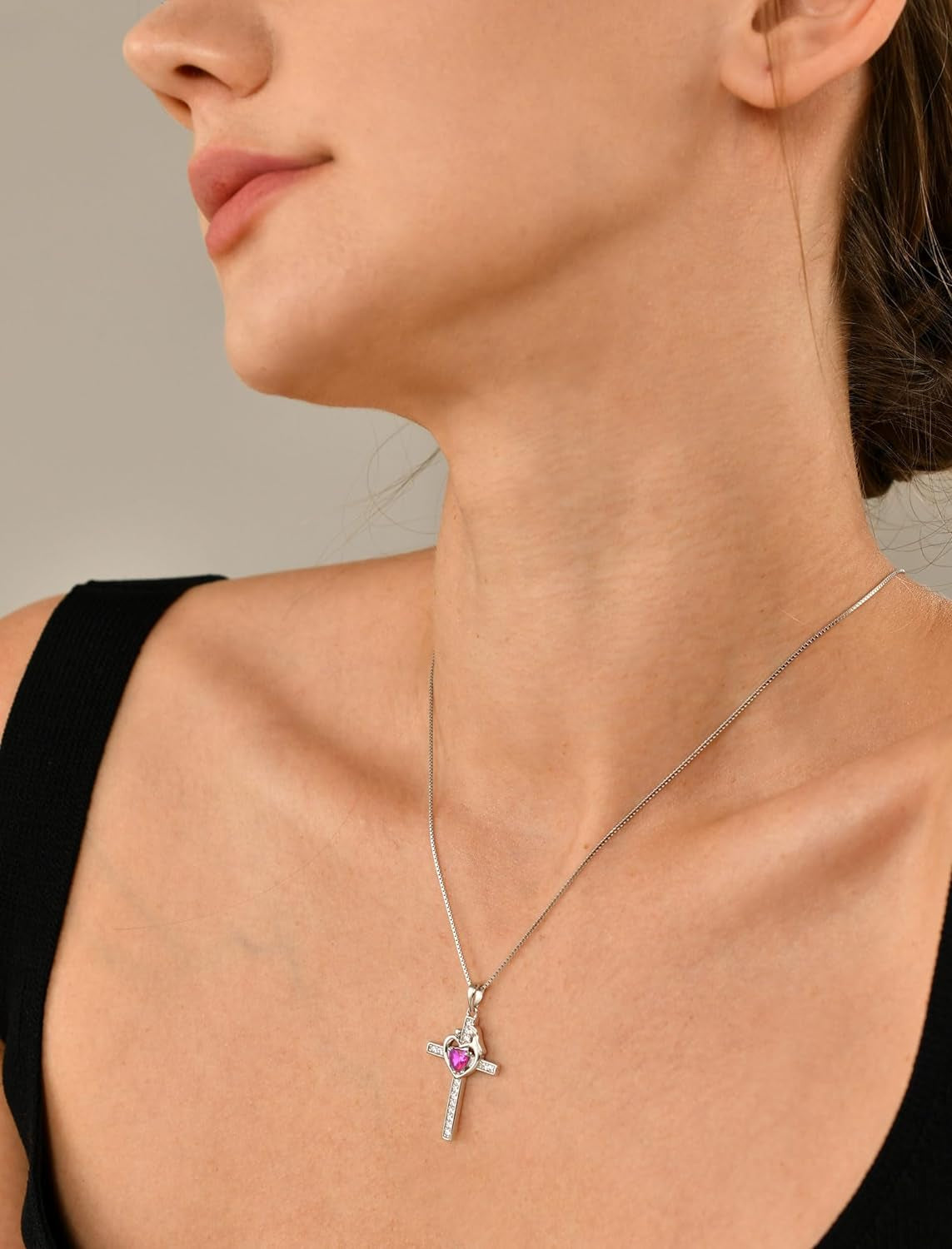 Mom Cross Necklace Sterling Silver Mother and Children Pendant Gemstones Crucifix Jewelry for Women