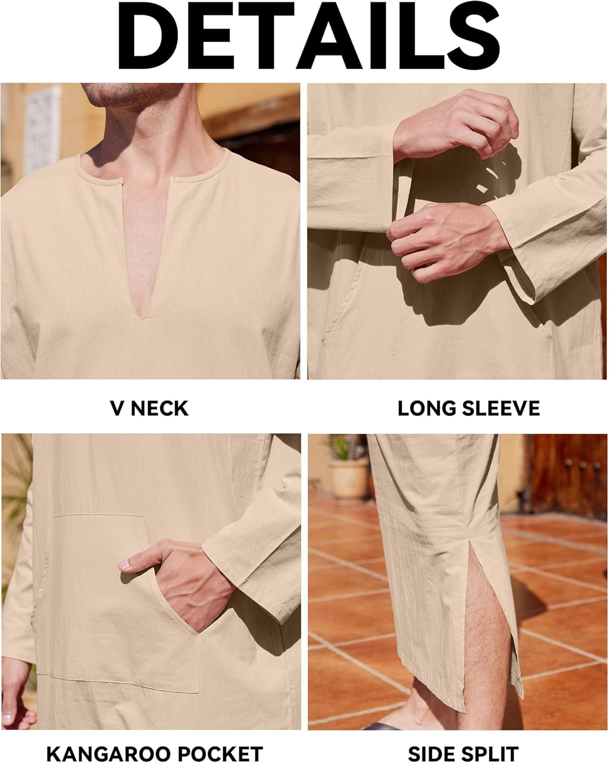 Men'S Kaftan Thobe Long Sleeve Men Thobe Robe Side Split Men Thobe with Pockets Casual Thobe