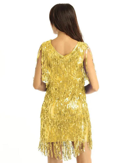 Womens V Neck Sleeveless Sparkling Sequin Tassels Ballroom Samba Tango Latin Dance Dress Stage Performance Costumes