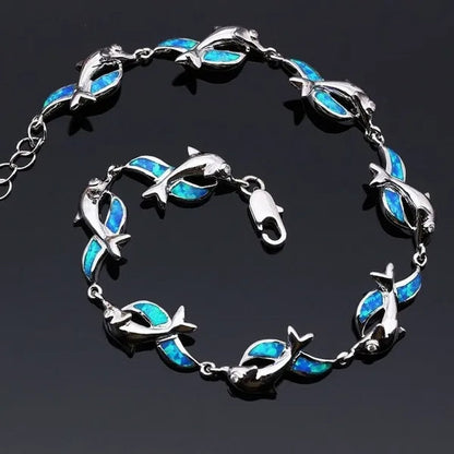 Womens Jewelry 925 Sterling Silver Dolphin Style Blue/red  Fire Opal Diamond Charm Chain Bracelet