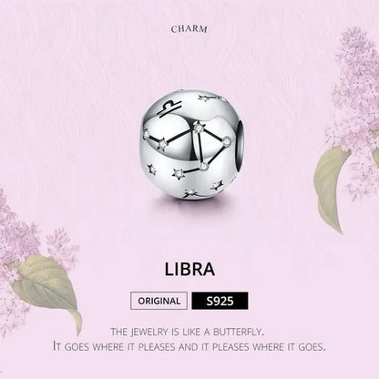 European Hot 12 Constellation Zodiac round 925 Sterling Silver Beads Charm for Women Bracelet Shining CZ Charm Fit Original Bangle Necklace DIY Jewelry Making