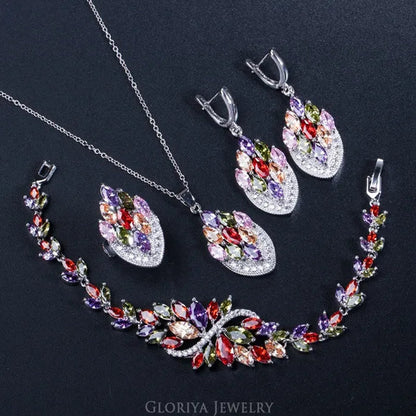 Gloriya Latest Fashion Women Christmas Party Silver Plated Jewelry Set Multicolor CZ Crystal Ring Earrings Bracelet Necklace 4 Pcs Jewelry Sets